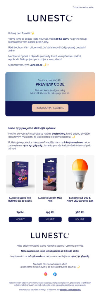 Lunesto.eu: připomínací e-mail pro zákazníky před prvním nákupem